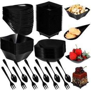 300 Pcs Black Mini Appetizer Plates Set with Spoons & Forks  Disposable Party Serving Trays for Desserts, Snacks, and Canaps