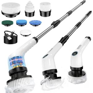Electric Spin Scrubber Upgraded Battery with Extra-Long Runtime, IPX7 Waterproof Power Cleaner with 7 Brush Heads, 2 Speeds Adjustable Long Handle for Bathroom, Floor, Shower, Tile & Kitchen Cleaning (White)