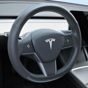 Uxcer Carbon Fiber Leather Steering Wheel Cover for Tesla Model 3/Y 2016-2025 2026 Juniper/Highland, Non-Slip Breathable Steering Wheel Protector for Tesla Model 3/Y Accessories 2026