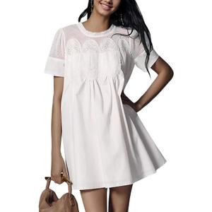 Womens Summer Lace Mini Babydoll Dress Ruffled Collar Short Sleeve Loose Mesh Swing Elegant Flared Sundress (Small, White)
