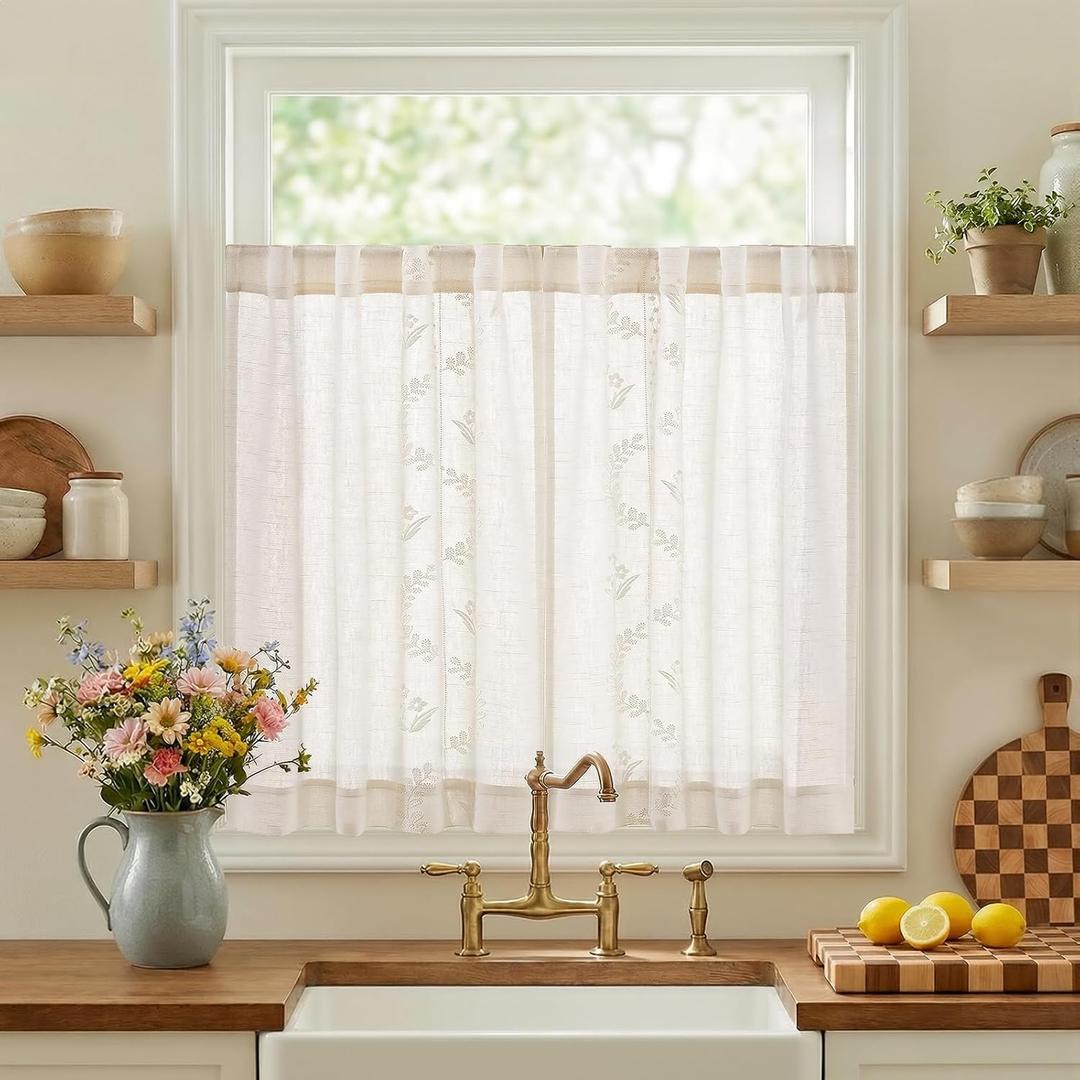 jinchan Belrose Linen Floral Kitchen Curtains 36 inch Length Embroidered Farmhouse Cafe Curtains for Living Room Bathroom Small Windows Curtain Set Sheer Light Filtering 2 Panels White 26"W x 36"L (Pack of 2), *White