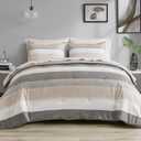 Madison Park Essentials Queen Comforter Set, Bed in A Bag Comforter & Sheet Set, Modern Casual Stripes Print, All Seasons, Soft Microfiber Bedding Makeover, Matching Shams, Queen Taupe/Grey 7 Piece
