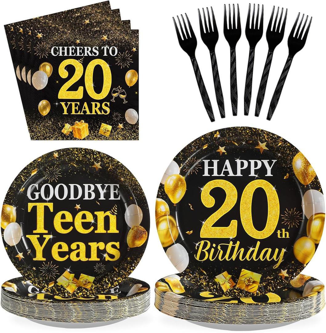 96Pcs Happy 20th Birthday Party Supplies Gold and Black Goodbye Teen Years Paper Plates and Napkins Cheers 20 Years Sets for 20 Year Old Teen Girls Graduation Theme Party Decoration Serves 24