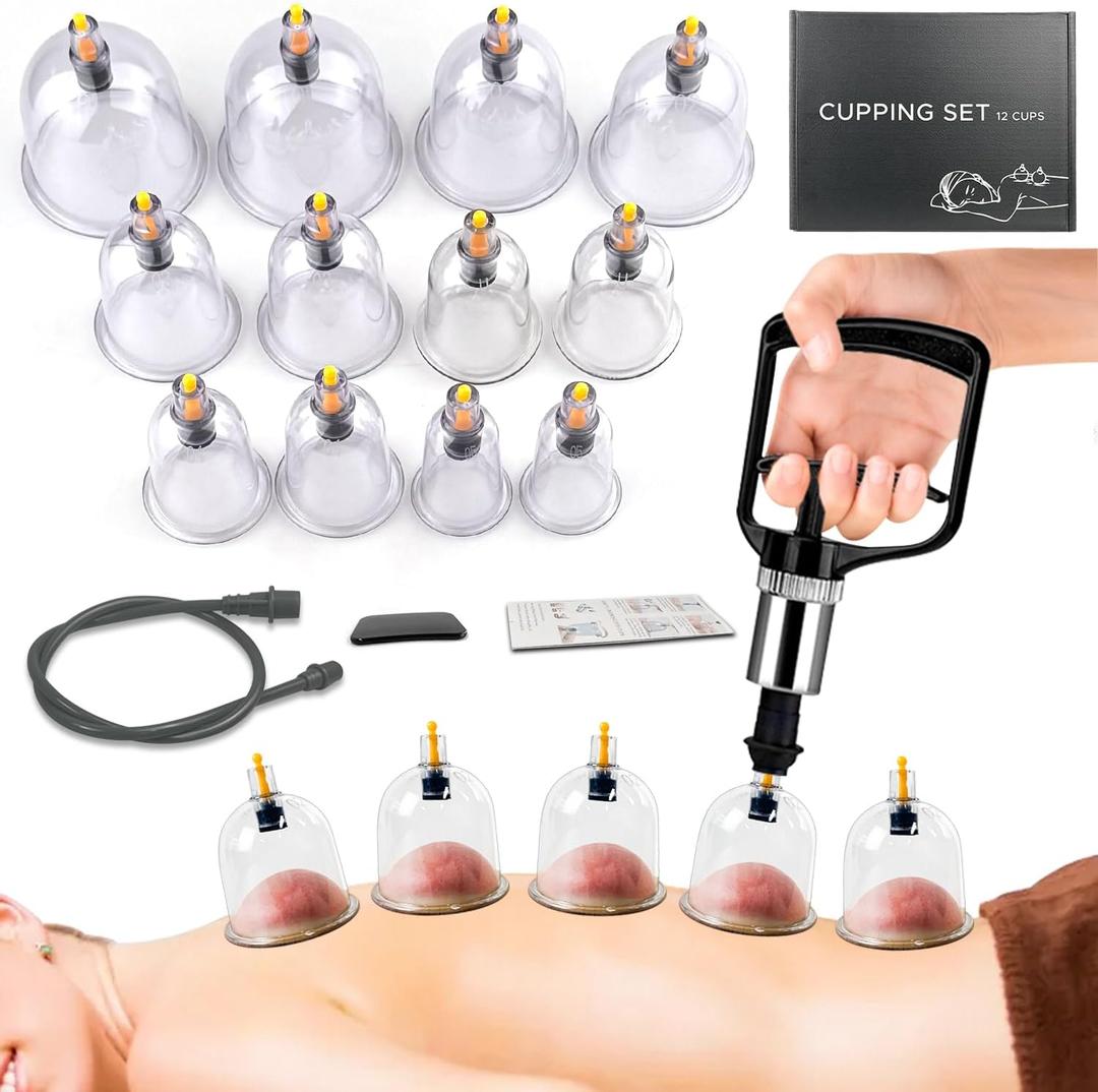 Cupping Kit for Massage Therapy Set with Pump 12 Massage Cups for Cellulite Reduction Muscle Back Pain Relief Physical Therapy (Black Hand Pump)