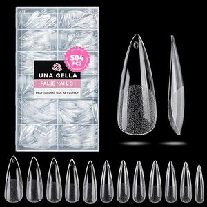 UNA GELLA Long Stiletto Nail Tips 504PCS, Full Cover PreEtched Long Stiletto Almond Clear Fake Nails Tips, Sturdy Acrylic Press on Nails, No C Curve Soft Gel Tip for DIY Nail Extension kit 12 Sizes