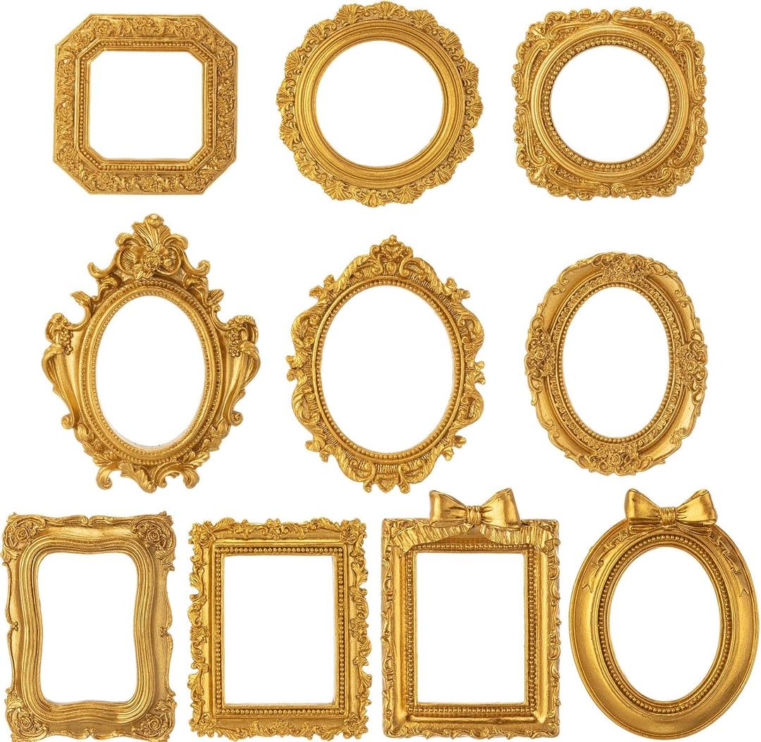 Lineshading 10 Pcs Mini Gold Picture Frames Vintage Small Resin Photo Frames Bulk Ornate Baroque Decor for Table Top, Jewelry Display, Refrigerator & Wedding Favors Antique Gold Ornament Set (Classic)