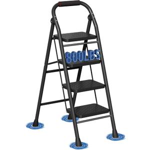 4 Step Ladder, Foldable Step Stool with Wide Anti-Slip Pedal & Thick Rubber Feet, Cushioned Handle, Safe-Lock Design, Folding Portable Ladder for Multi-Purpose, 800lb, Black