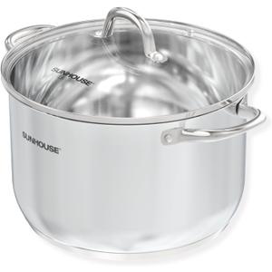 SUNHOUSE Stainless Steel Stock Pot - 11 Quart Heavy-Duty Induction Cooking Pot with Visible Lid for Pasta, Soup, Spaghetti - Nonstick Thick-Bottom Deep Stockpot for Canning, Boiling, and Simmering