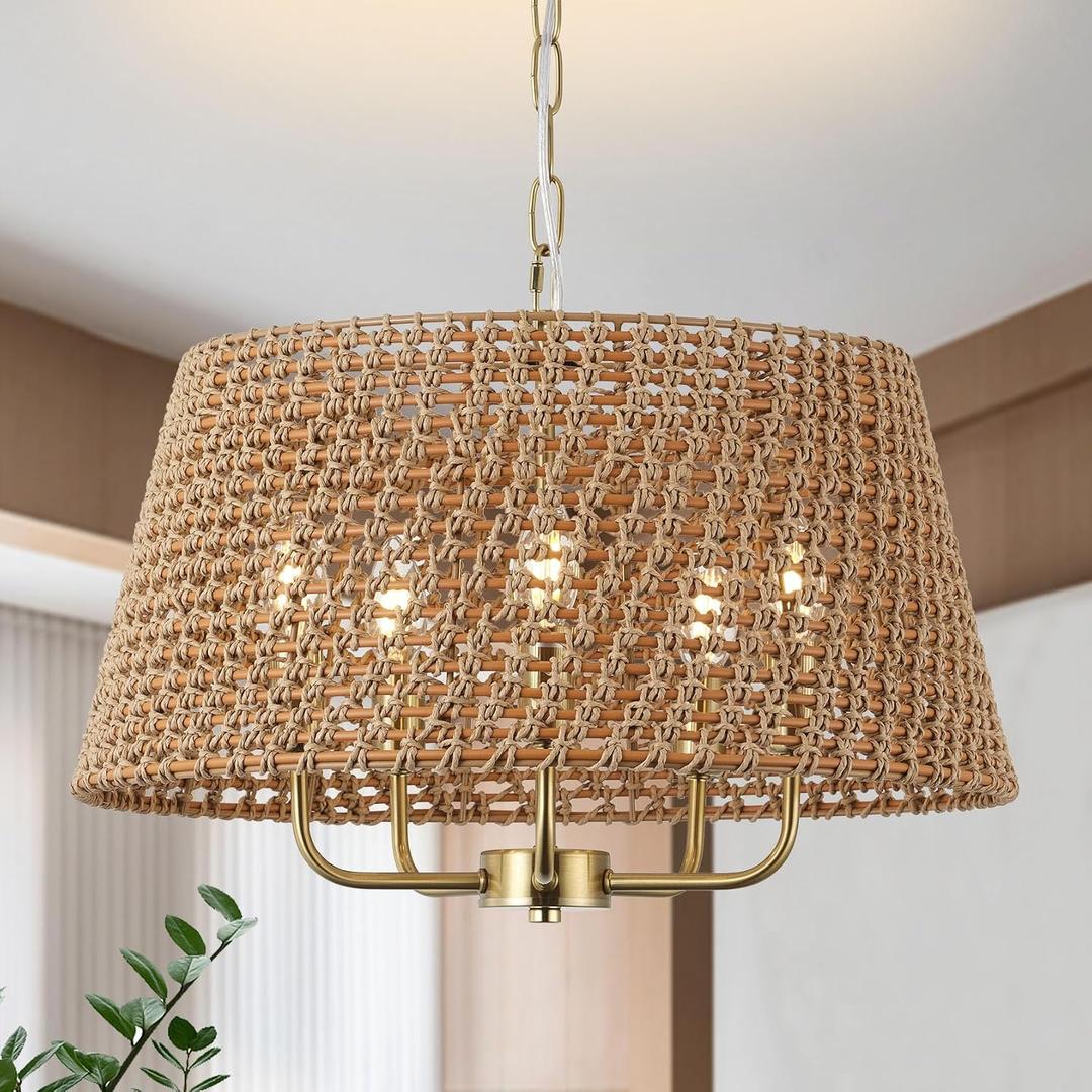 20" Large Rattan Chandeliers for Dining Room, 5-Light Farmhouse Wicker Boho Chandelier with T-Shape Shade Rattan Ceiling Pendant Light Fixture for Bedroom Hallway Kitchen Island(Gold)