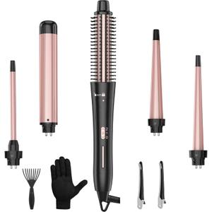 5 in 1 Curling Wand Set with Thermal Brush & Ceramic Barrels (0.35"-1.25"), Instant Heat Up, Dual Voltage Hair Curler, Perfect for Long Short Hair, and All Hair Types, Gift for Women