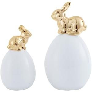 Easter Bunny Decorations, 2 Pcs Cute Gold Rabbit Sit on White Eggs Figurines for Spring Indoor Home Decorations