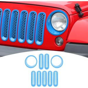  Jeep JK Front Grille Inserts & Headlight Cover Trim Ring for Jeep Wrangler JK JKU 2007-2017 Light Blue Exterior Accessories 9pcs