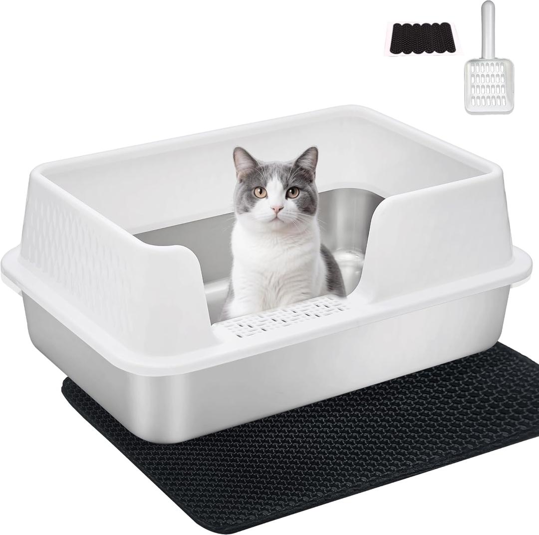Medium Low Entry Enclosed Stainless Steel Cat Litter Box with lid Scoop and Pads Easy Clean Kitten Kitty White Metal Litter Box