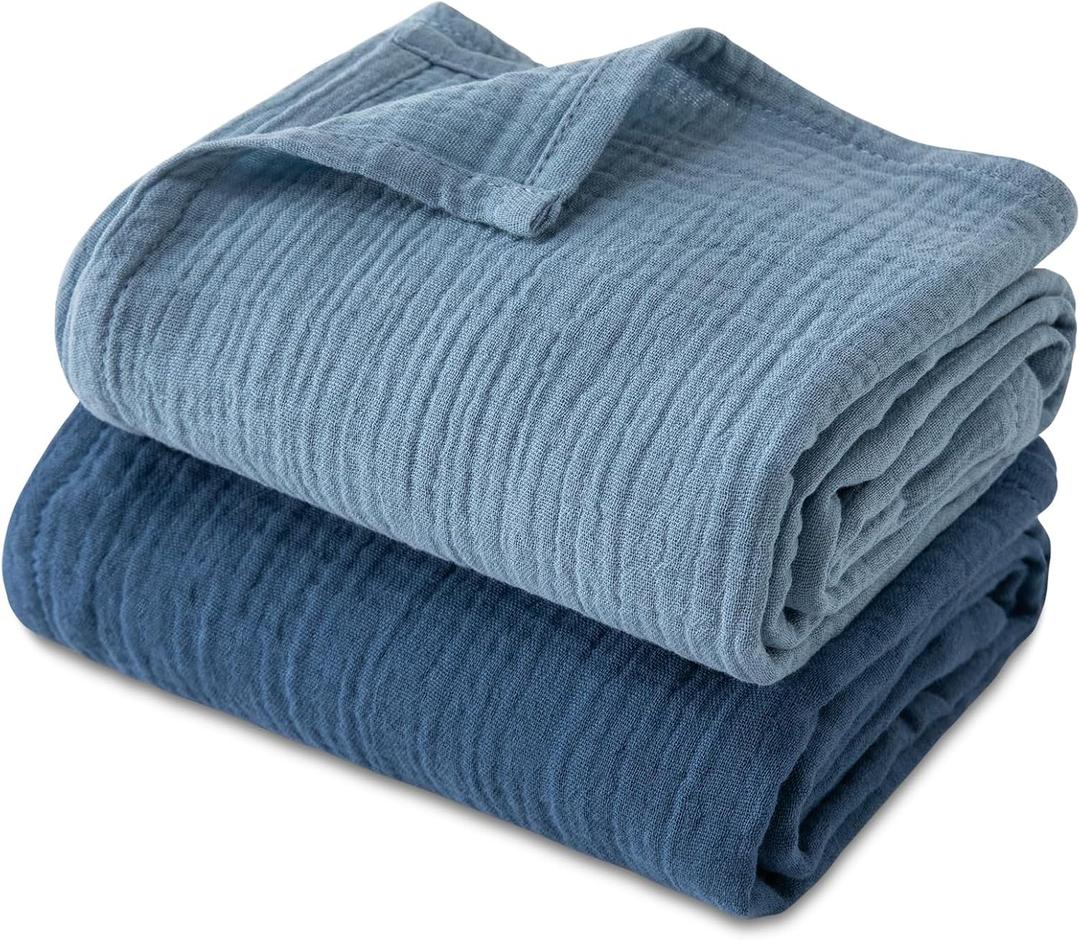 GLLQUEN BABY Muslin Swaddle Blankets, 2-Pack Neutral Receiving Blanket Swaddling for Newborn Boys and Girls, Breathable Swaddle Wrap for Infant, Baby Essentials, Registry & Gift, 40 x 38 inches (Light Blue & Dark Blue)