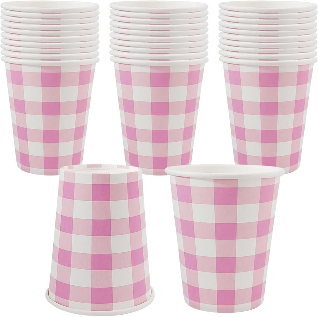 Pink Paper Cups Pink Gingham Party Supplies Easter Day Pink Coffee Cups Disposable Valentines'day Beverage Cups (30)