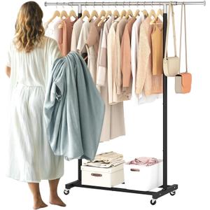 JIUYOTREE Rolling Clothes Rack with Shelf Expandable Clothing Garment Rack with Wheels Width Adjustable Clothing Organizer for Hanging Clothes Shirts Pants Skirts and Bags Black