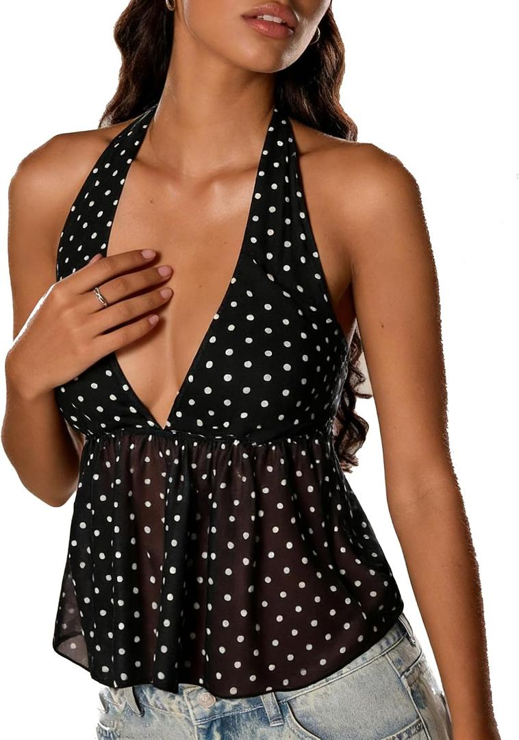 Mxiqqpltky Halter Neck Polka Dot Tops for Women Sexy Sheer Mesh V Neck Peplum Tie Backless Y2k Going Out Tank Top Clubwear (Black, M)