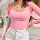 REORIA Women's 2025 Fall Casual Mesh Long Sleeve Square Neck Tops Trendy Cute Dressy Slim Fit Going Out T-Shirts (Pink, L)