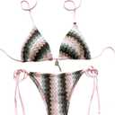 Women's Colorful Striped Halter String Bikini Set 2 Piece Tie Side Triangle Swimsuits Textured Swimwear (Large, Pink Multicolor)