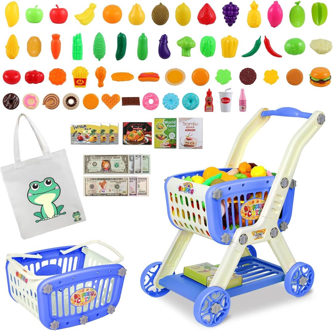 Kids Shopping Cart - 2 in 1 Toy Shopping Cart with Play Food Fruit Vegetable Dessert and Shop Accessories, 72pcs Pretend Play Grocery Store Toy Kitchen Game Trolley Play Set for Kids (Navy Blue)