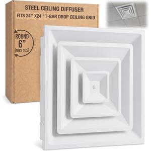 Fits 24 x 24 Inch Steel T-bar Drop Ceiling Grid, 6'' (Neck Size) Collar Drop Ceiling Grille, Air Supply Diffuser, White(3 Cone)