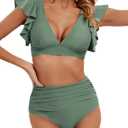 Women's Ruffle High Waisted Swimsuit Two Piece Tropical Print Swimsuit Push Up Bathing Suit (Medium, Army Green)