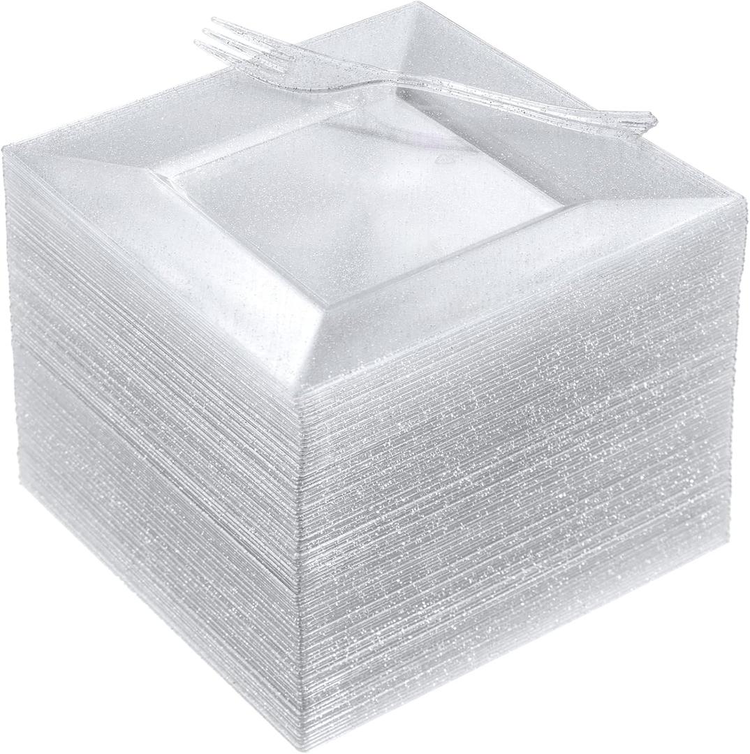 DaYammi 100 Pcs Plastic Dessert Plates 6" with 100 Pcs Plastic Forks 5.7"- Silver Glitter Disposable Square Plate Fancy Salad Plate Appetizer Plates and Silver Forks Combo Bulk Set for Wedding Party