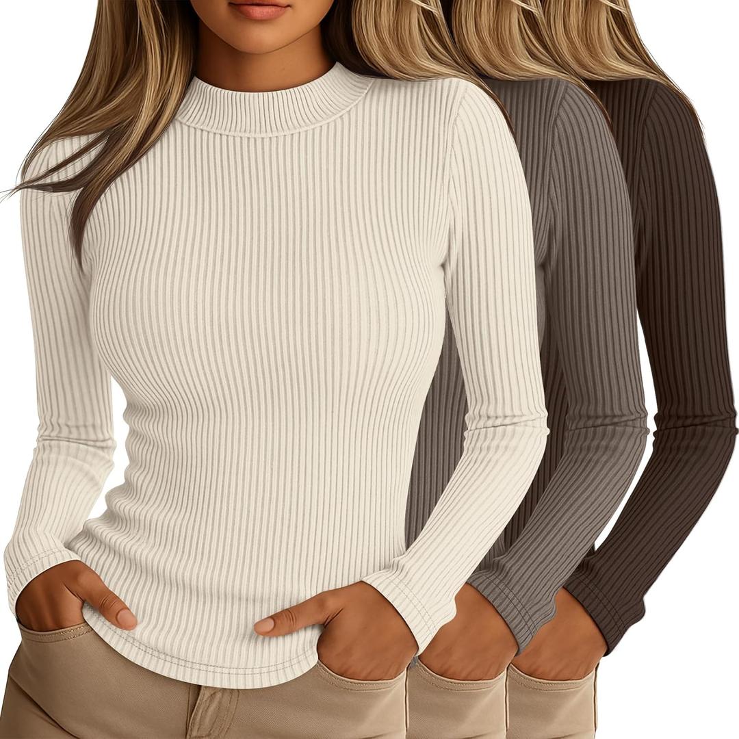 Riyiper 3 Pack Women's Ribbed Shirts, Mock Turtleneck Long Sleeve Tops Slim Fitted Undershirts Casual Basic Layering Tees (Medium, Cream, Coffee, Dark Brown)