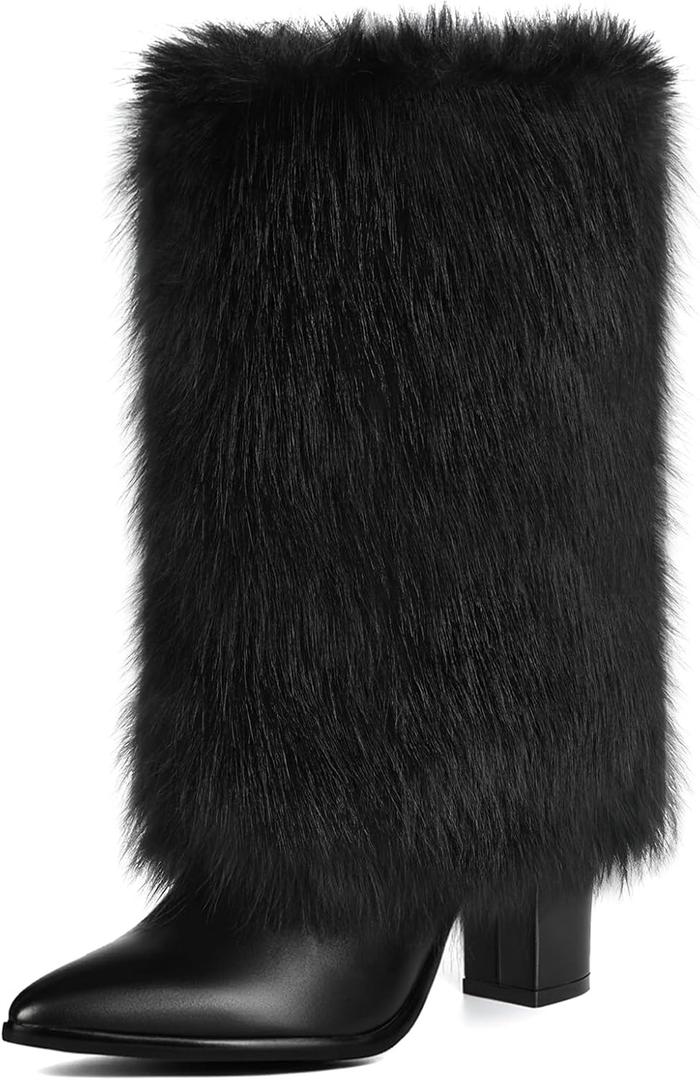 Womens 3.3-inch Chunky Mid Calf Fur Heel Boots Furry Fuzzy Fluffy Pointed Toe Boots for Women Short Wide Calf Fall Winter Snow Fold Over Boot with Side Zipper (7.5, Black)