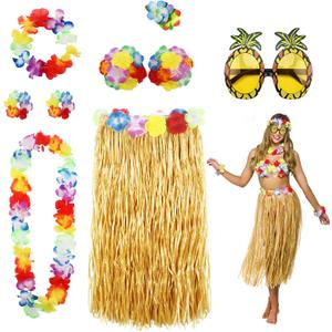 PHOGARY 8 Pack Hula Skirt Costume Kit for Hawaii Luau Party - Dancing Hula with Flower Bikini Top, Hawaiian Lei (Colorful-yellow)
