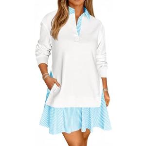 Wenrine Womens Oversized Sweatshirt Dress Casual Long Sleeve Collared V Neck Patchwork Loose Mini Dresses XXL