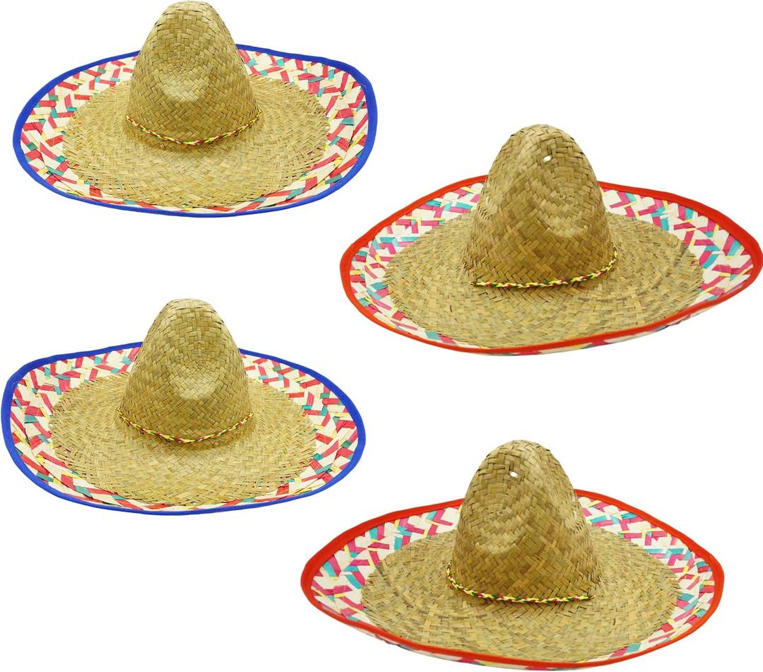 4E's Novelty 4 Sombrero Hats Adults, Bulk Sombrero Party Hats for Men Women, With Chinstrap - for Fiesta Cinco De Mayo Party, Mexican Hat Outfit Accessories