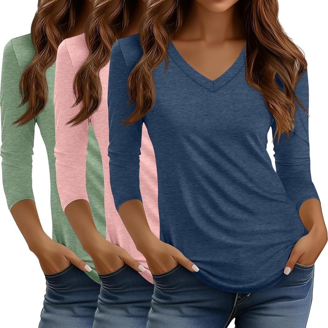 Riyiper 3 Pack V Neck 3/4 Sleeve Tops for Women Dressy Casual Loose Fit T Shirts Trendy Basic Tunic Tees (X-Large, Haze Blue, Light Pink, Light Green)