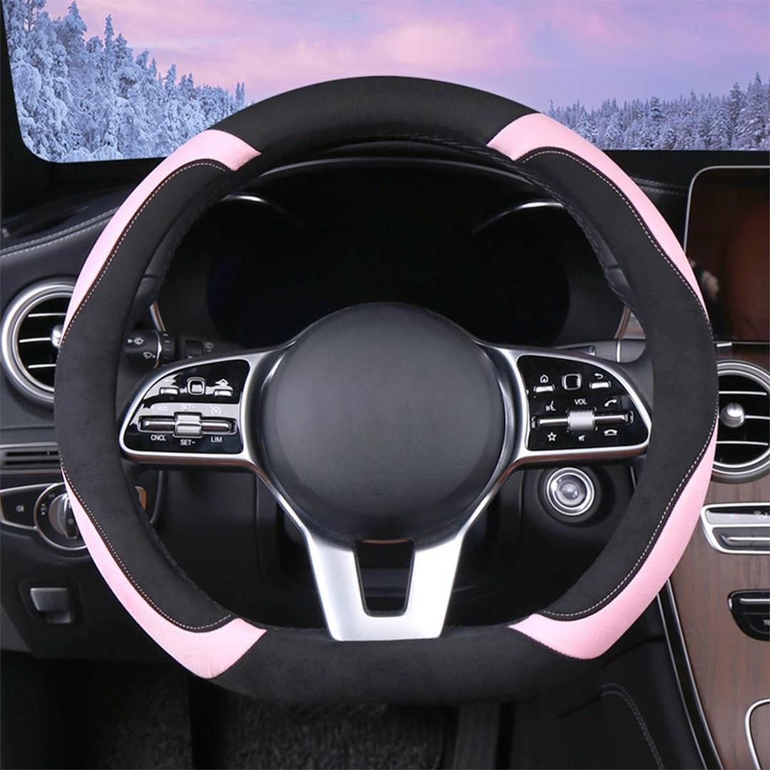 Soft D Shape Steering Wheel Cover, Warm Steering Wheel Cover Fashion Universal 15 inch, Pink