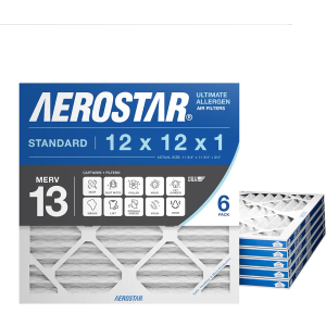 Aerostar 12x12x1 MERV 13 - 6 Count - Pleated HVAC, Furnace & Air Conditioner Filters - Removes Bacteria, Dust, Cold & Flu Germs, Lint, Mold, Pet Dander, Allergy-Causing Pollen, Smog, Smoke & Viruses