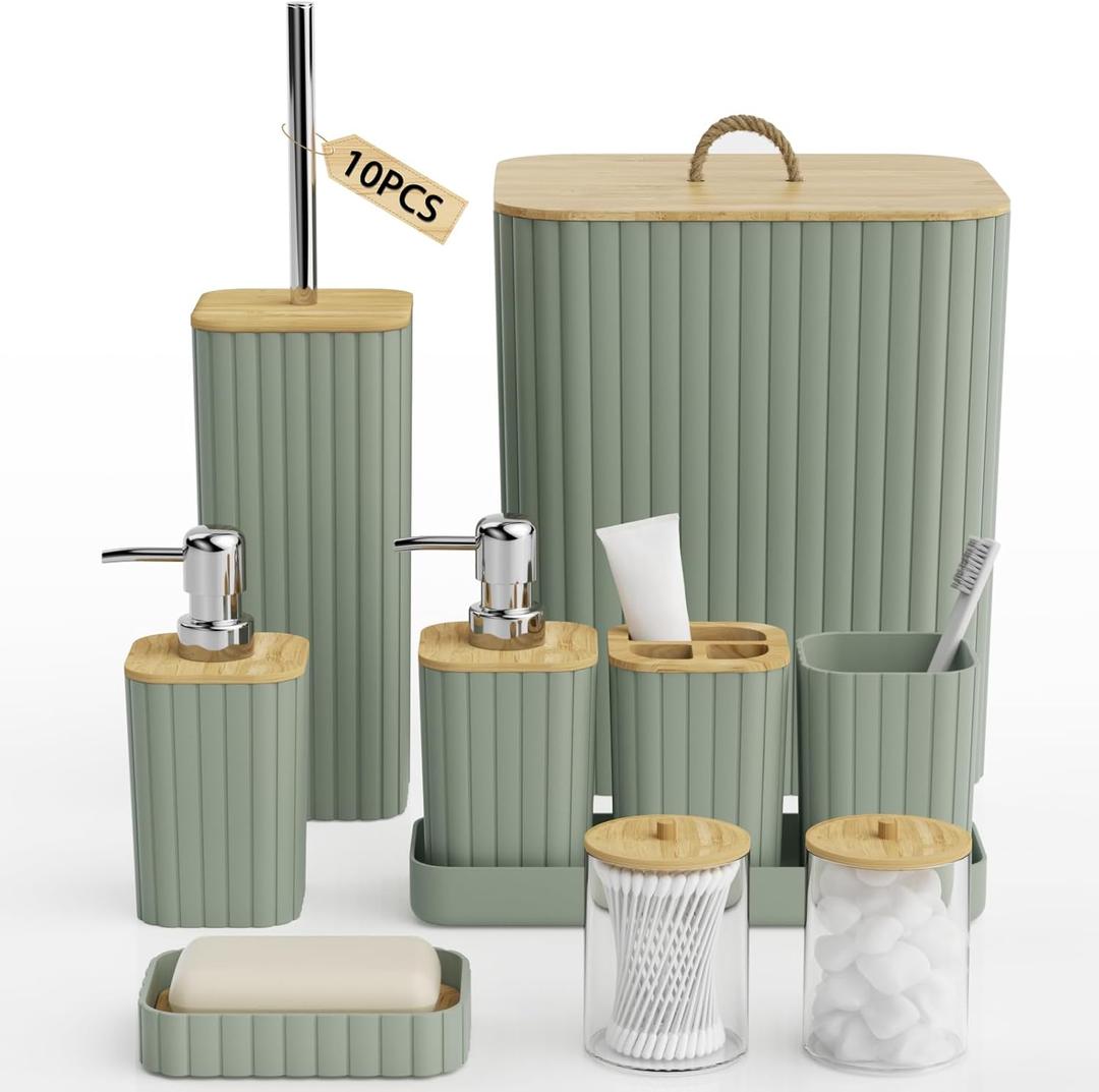 InnJoey Bathroom Accessories Set - 10PC Bathroom Set, Sage Green Bathroom Set, Bathroom Accessories Set, Toilet Brush, Bathroom Trash Can & Soap Dispenser