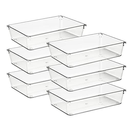 Ravinte 6 Pack Drawer Organizer - 6" X 9" Plastic Storage Bins, Acrylic Organizers with Non-Slip Pads Clear Desk Storage Tray for Makeup, Jewelries, Kitchen Utensils, Bathroom and Office