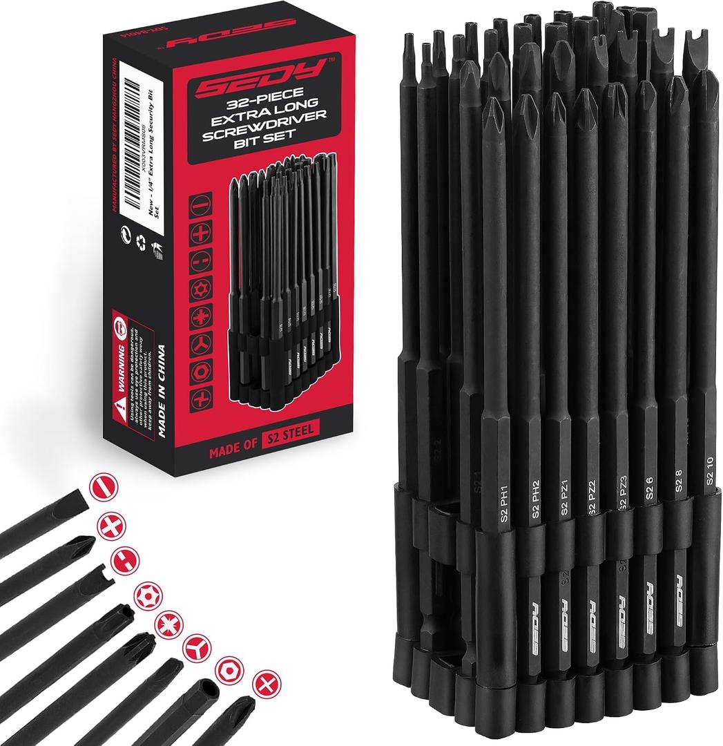 Extra Long Security Bit Set: 32-Piece S2 Steel Screwdriver Drill Bits for Tamper-Proof Screws, 6" Torx, PoziDriv, Spanner, Tri-Wing - Universal 1/4" Hex Shank for Electric, Impact Drills