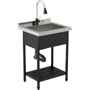 Sarlai Freestanding Utility Sink Stainless Steel Commercial Restaurant Kitchen Sink Outdoor Sinks Single Bowl Laundry Utility Kitchen Sinks With Faucet for Garage Outdoor Indoor Basin (24"x21", Gunmetal Black)