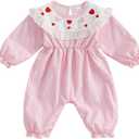 Baby Girl Smocked Romper Heart Embroidery Plaid Jumpsuit Lace Long Sleeve Bodysuit My First Valentines Outfit (Pink, 3-6 Months)