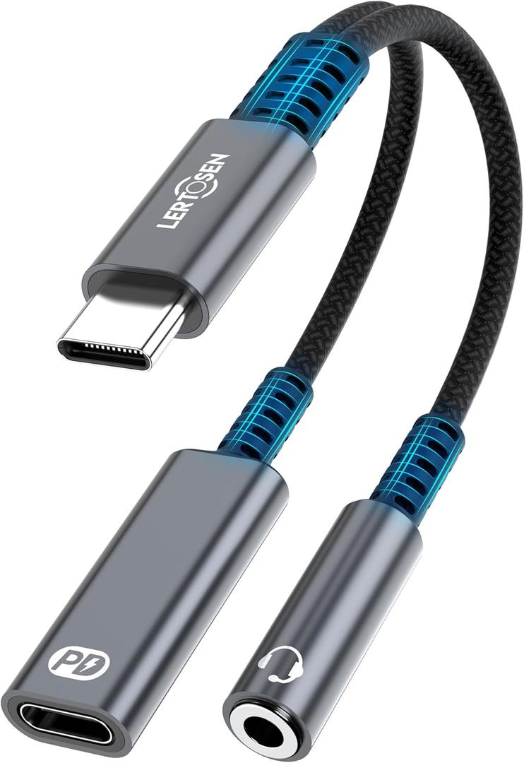 USB C to 3.5mm Headphone and Charger Adapter, 2 in 1 USB C to Aux Audio Jack with PD Fast Charging Dongle Cable Cord for Phone 16 15 Pro Max Samsung Galaxy S25 S24 S23 Pixel Ultra,iPad Pro (2 Port-Separate, Grey)
