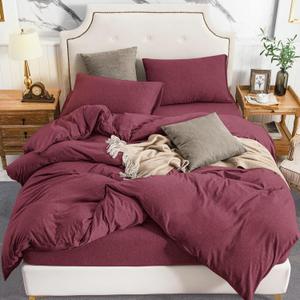 PURE ERA Jersey Knit Duvet Cover Set 100% T-Shirt Cotton Super Soft Comfy 3pc Bedding Set with Zipper Closure (Heather Burgundy Red, Queen)