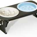 Elevated Ceramic Slow Feeder Bowls, 2 Bowls & Black Stainless Steel Stand,for Cats and Small Medium Dogs, 1.5 Cups*2,Raised Cat Food and Water Bowl Set, Blue & White