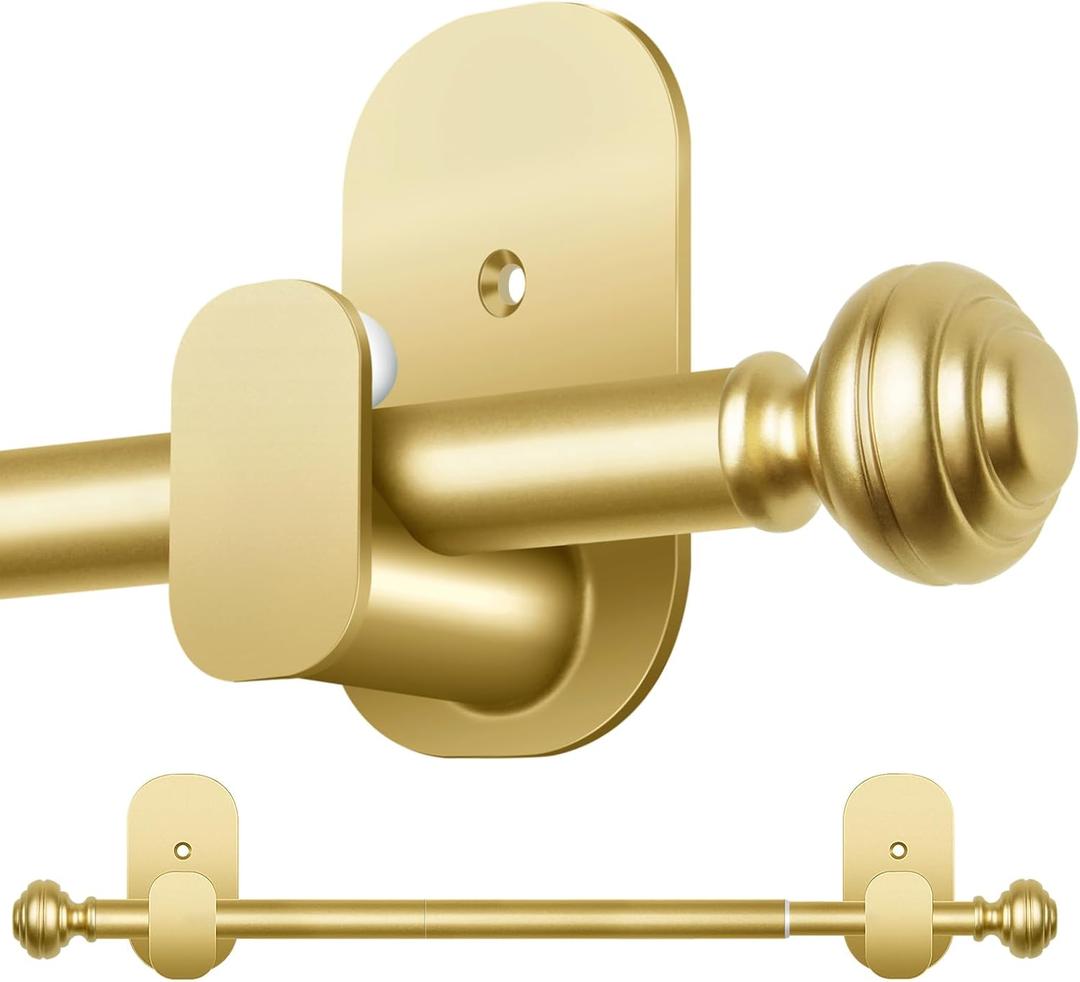 KAMANINA Curtain Rods No Drilling for Windows 32 to 58 Inches, 5/8 Inch Diameter Adjustable Single Curtain Pole with Adhesive Brackets, Gold