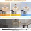 Crystal Fandelier Ceiling Fan with Light and Remote Dimmable 500-6500K Retractable Blades Chandelier Ceiling Fan with Memory Function Modern Ceiling Fans with Lights for Bedroom 42 Inch Gold