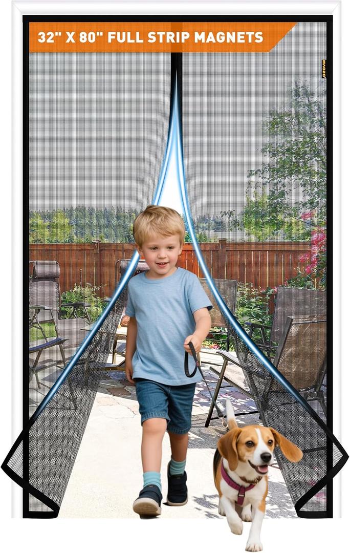 MAGZO Magnetic Screen Door with Full Strip Magnets, Fit Door Size 32 x 80 Inch, Screen Size 34" x 81" Magnets Net with Full Frame Hook & Loop for Patio Entrance, Black