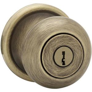 Kwikset Juno Entry Door Knob with Lock and Key, Secure Keyed Handle Exterior, Front Entrance and Bedroom, Antique Brass, Pick Resistant SmartKey Rekey Security and Microban