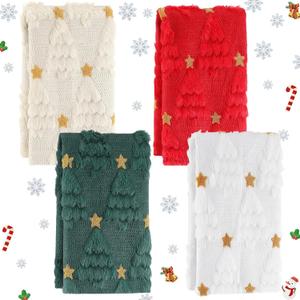 4 Pack Christmas Hand Towels Christmas Bath Towels 3D Xmas Tree Jacquard Bath Bathroom Decor Star Red Green White Beige Xmas Towel Gift for Winter Drying Cooking Baking, 18inch