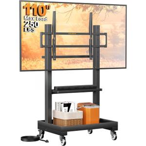 Perlegear Rolling TV Stand for 32-110 TVs up to 250 lbs, Outdoor TV Stand with Large Wheels, Handle & Power Outlet, Height Adjustable Mobile TV Cart with Wood Shelf, Max VESA 800x600mm, PGTVMC24B