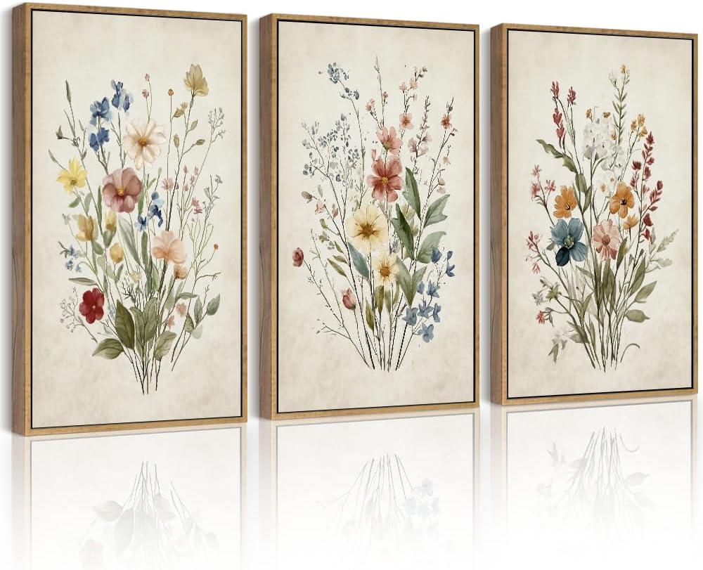 Drsoum Vintage Flower Bouquet Framed Retro Wildflower Botanical Pictures Prints Modern Colorful Floral Rustic Artwork Bedroom Living Room Ready to Hang 11x14in Natural Framed (Green Plants Prints)